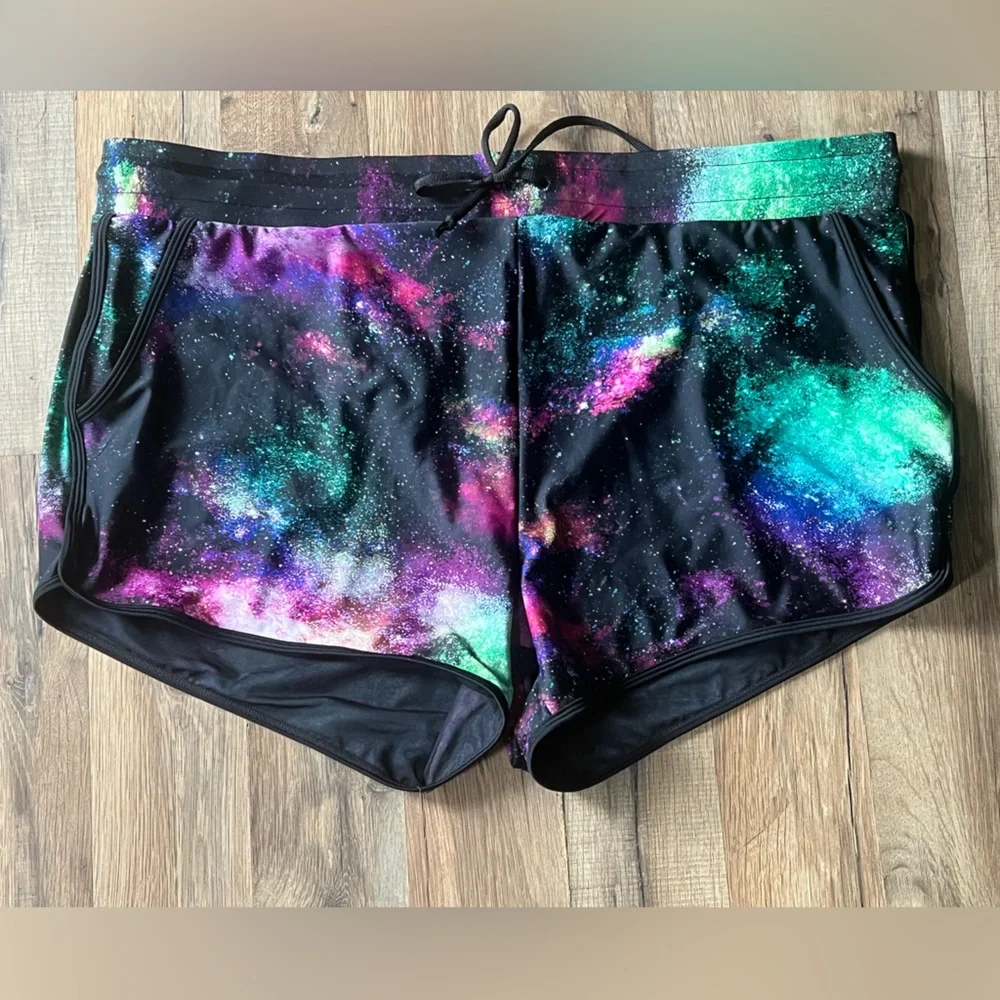 torrid Galaxy Print Athletic Shorts in Black, Green, Purple, Pink - Picture 1 of 2